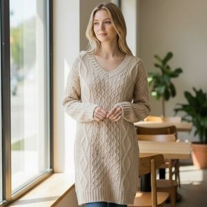 American Eagle Womens XXS Cable Knit Sweater Dress Cotton Blend Beige V Neck